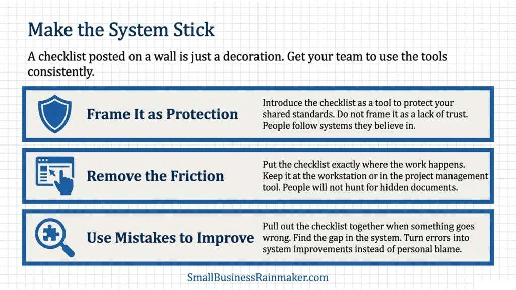 Graphic showing how to get buy-in from staff for checklist usage