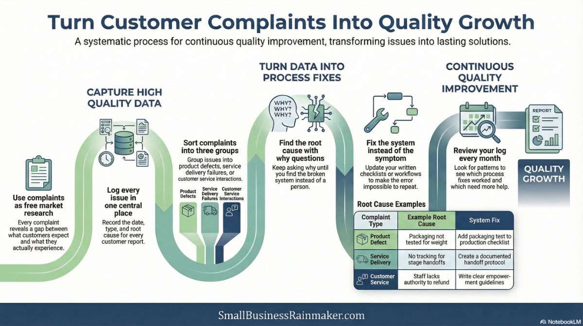 Infographic of how to turn customer complaints into quality growth