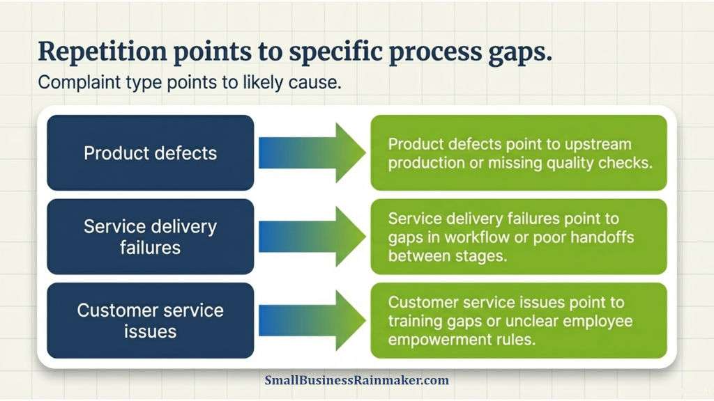 Illustration of how to use complaint categories to trace root cause of a problem