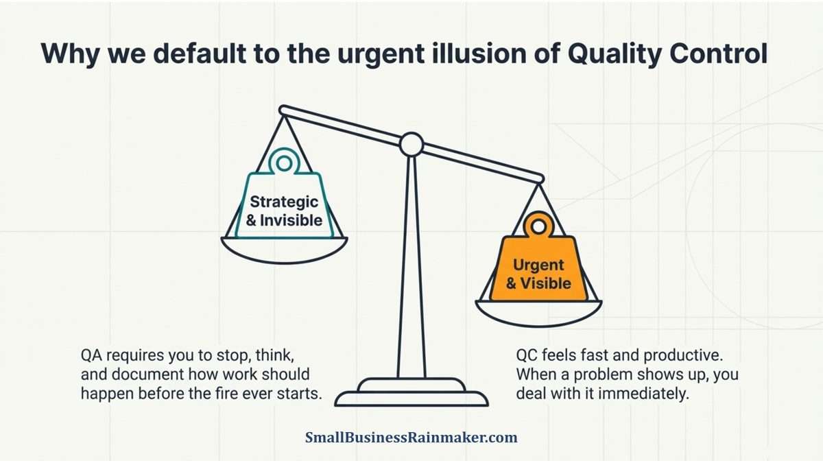 Illustration of why companies default to QC